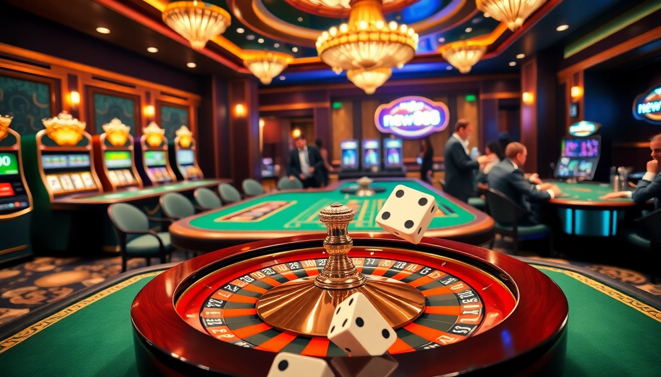 Experience exhilarating gaming moments with new888 at vibrant casino tables and roulette wheels.