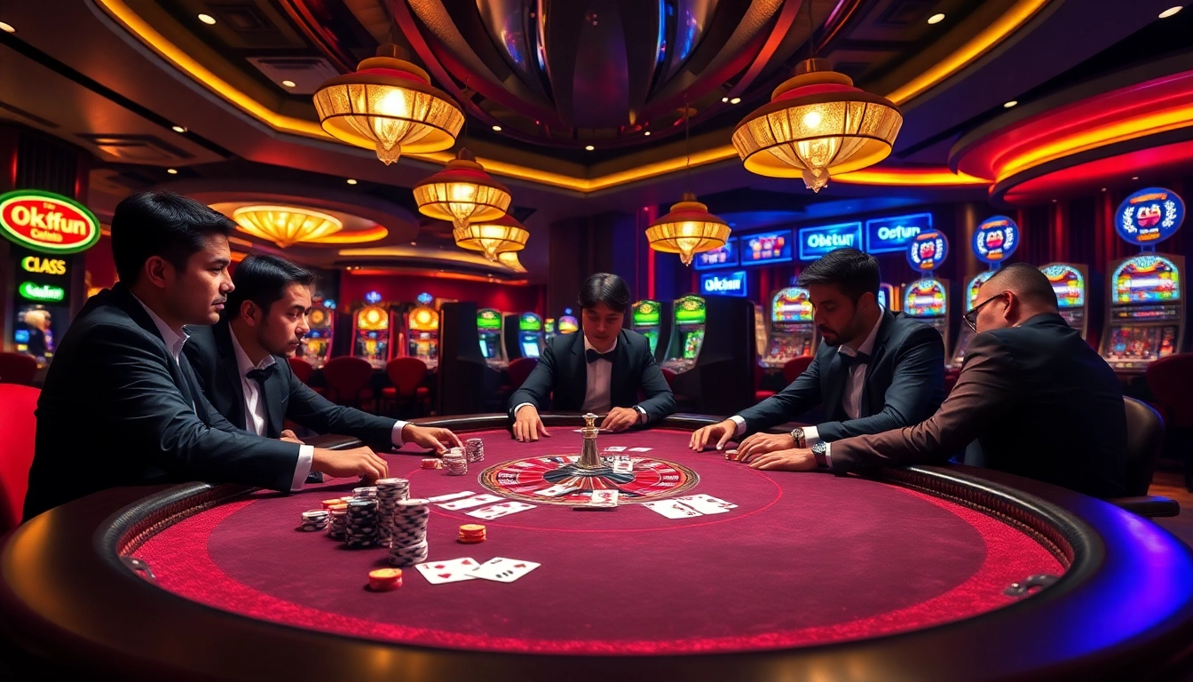 Engage in thrilling poker games at Okfun's luxurious casino, showcasing excitement and professional play.