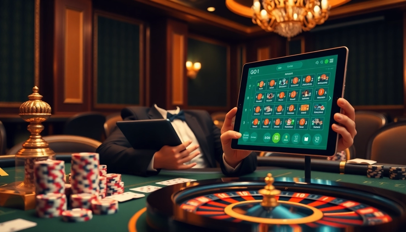 Exciting casino experience highlighting go8 đăng nhập with poker chips, cards, and roulette wheel.