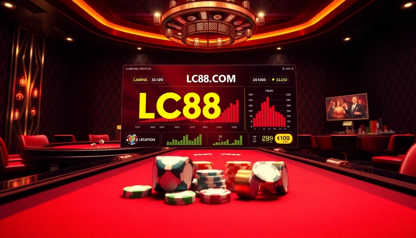 Exciting online gambling experience at LC88.COM with casino tables, chips, and betting interfaces.