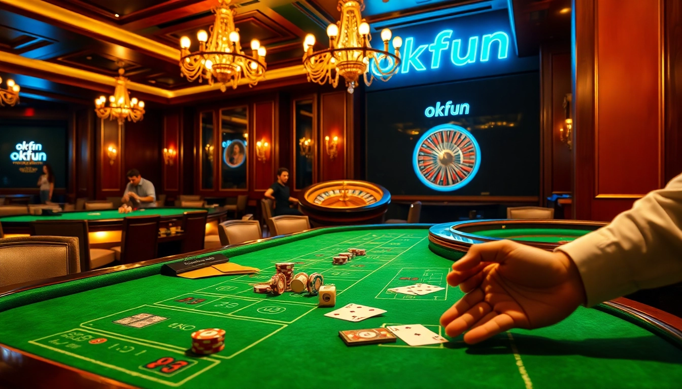 Experience thrilling gameplay at Okfun Casino with players enjoying poker, dice, and roulette.
