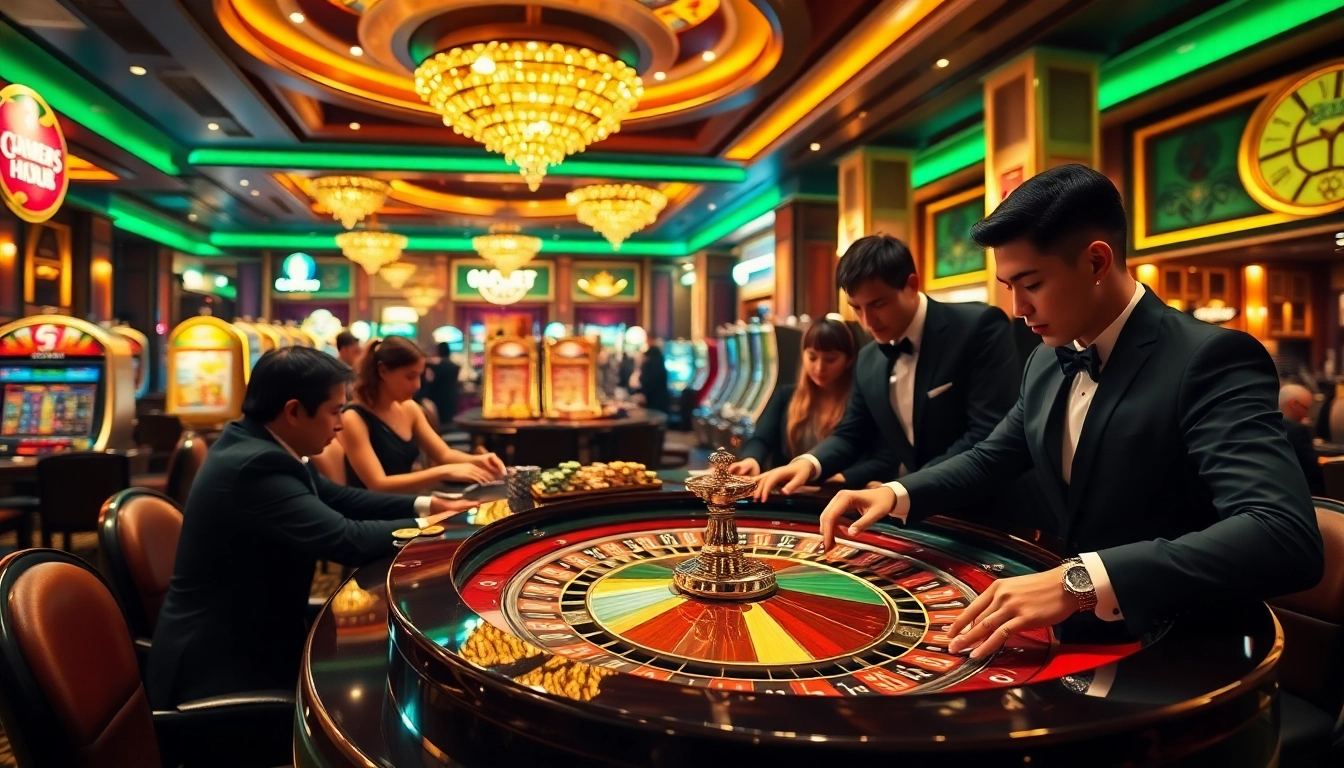 Suasana kasino yang mendebarkan di Menu King Arthur Cafe yang menampilkan para pemain di meja roulette.