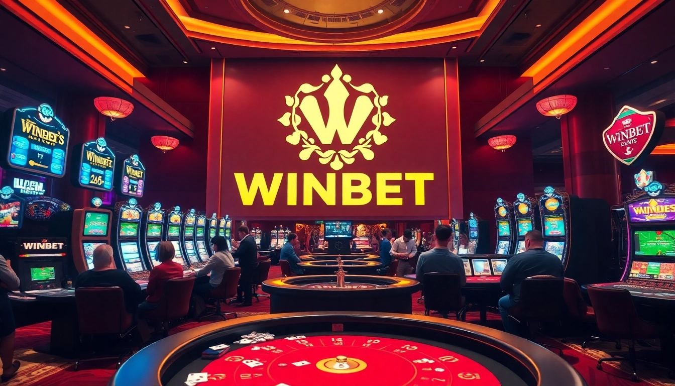 WINBET casino scene with players at tables enjoying poker, roulette, and slot machines.