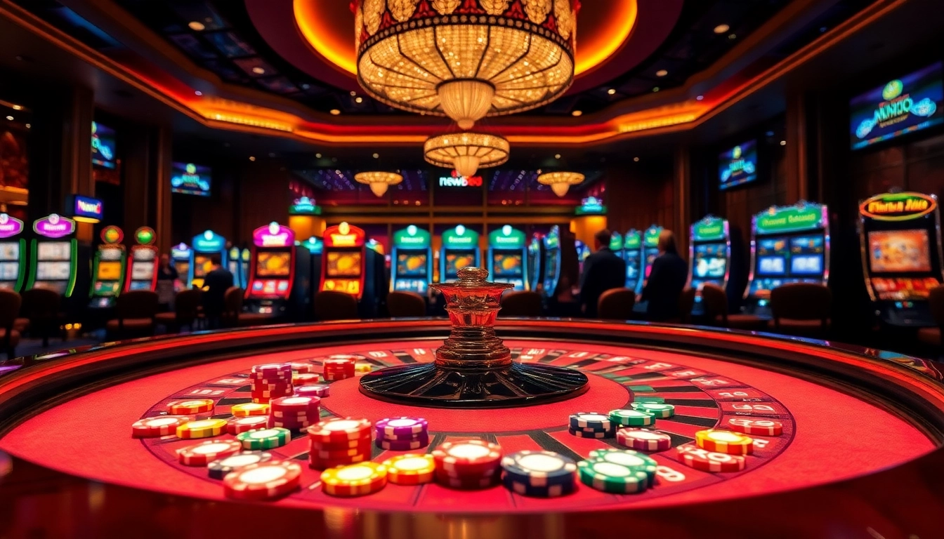 Experience the thrill of gambling at new888 with a vibrant casino scene, featuring roulette and digital gaming.