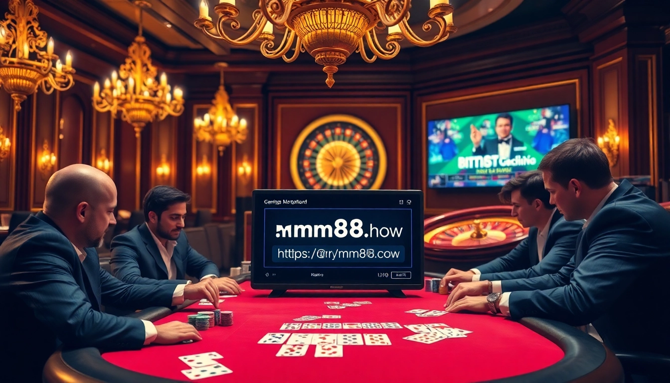 Players enjoy an engaging game at the casino featuring https://mm88.how/ with vibrant poker chips and a roulette wheel.