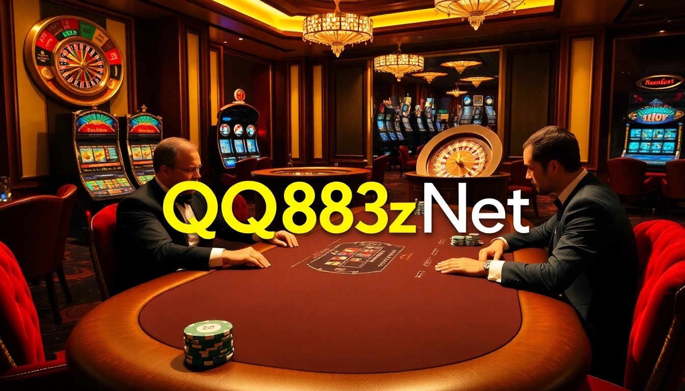 Experience the thrill at QQ88z Net with a high-stakes poker game and vibrant casino atmosphere.