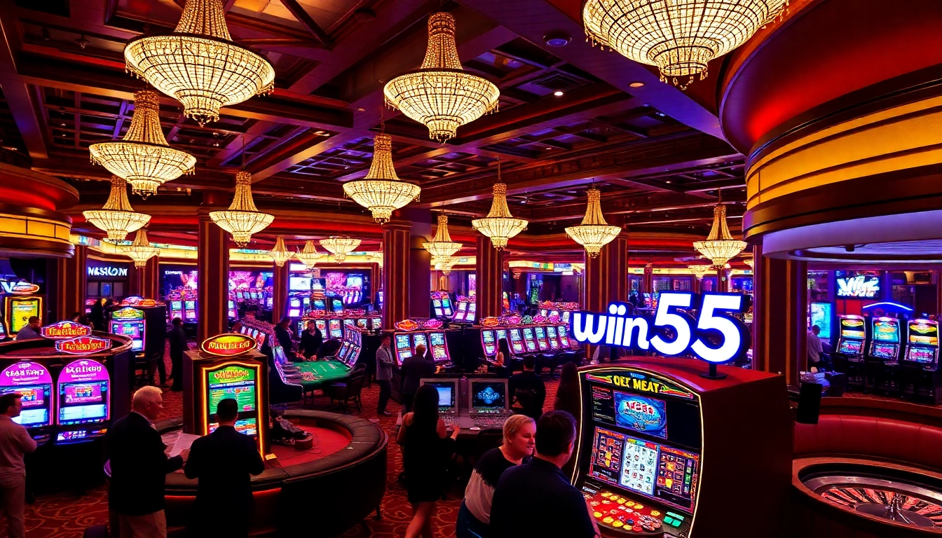 Players enjoying a thrilling game at a casino featuring 'win55' elements, vibrant atmosphere, and luxury decor.