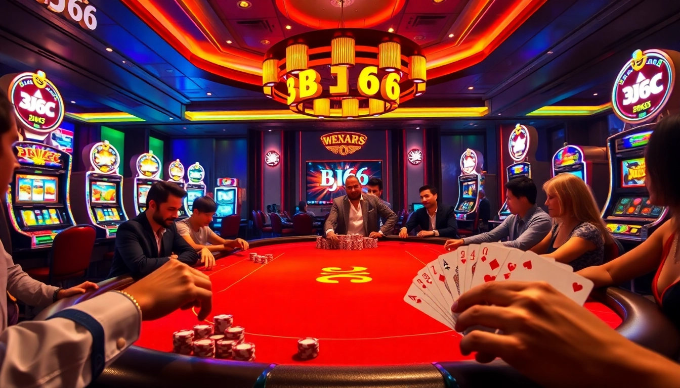 Players enjoy an exciting poker game at BJ66 casino, showcasing colorful chips and cards.