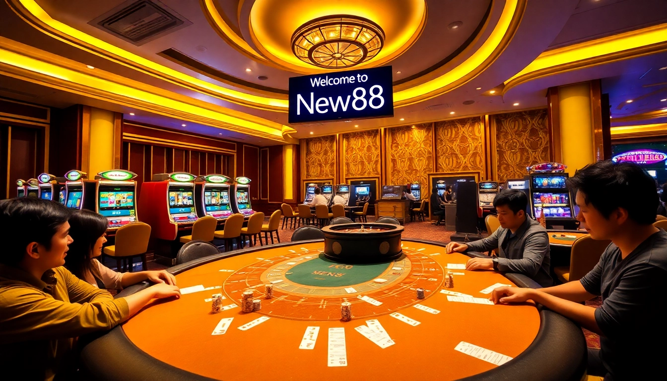 New88 casino scene with excited players at a poker table, vibrant atmosphere, modern slot machines.