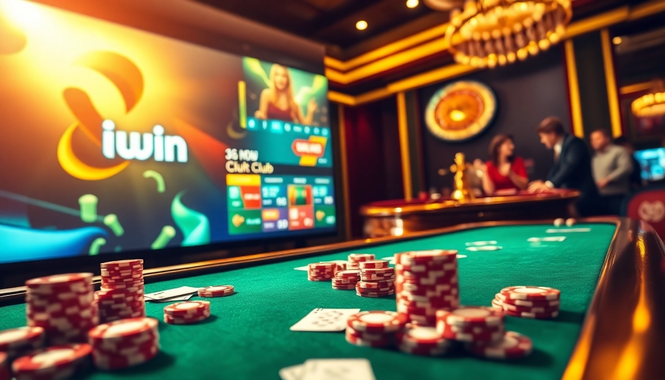 Experience iWin's thrilling gaming environment at a luxurious casino table with cards and chips.