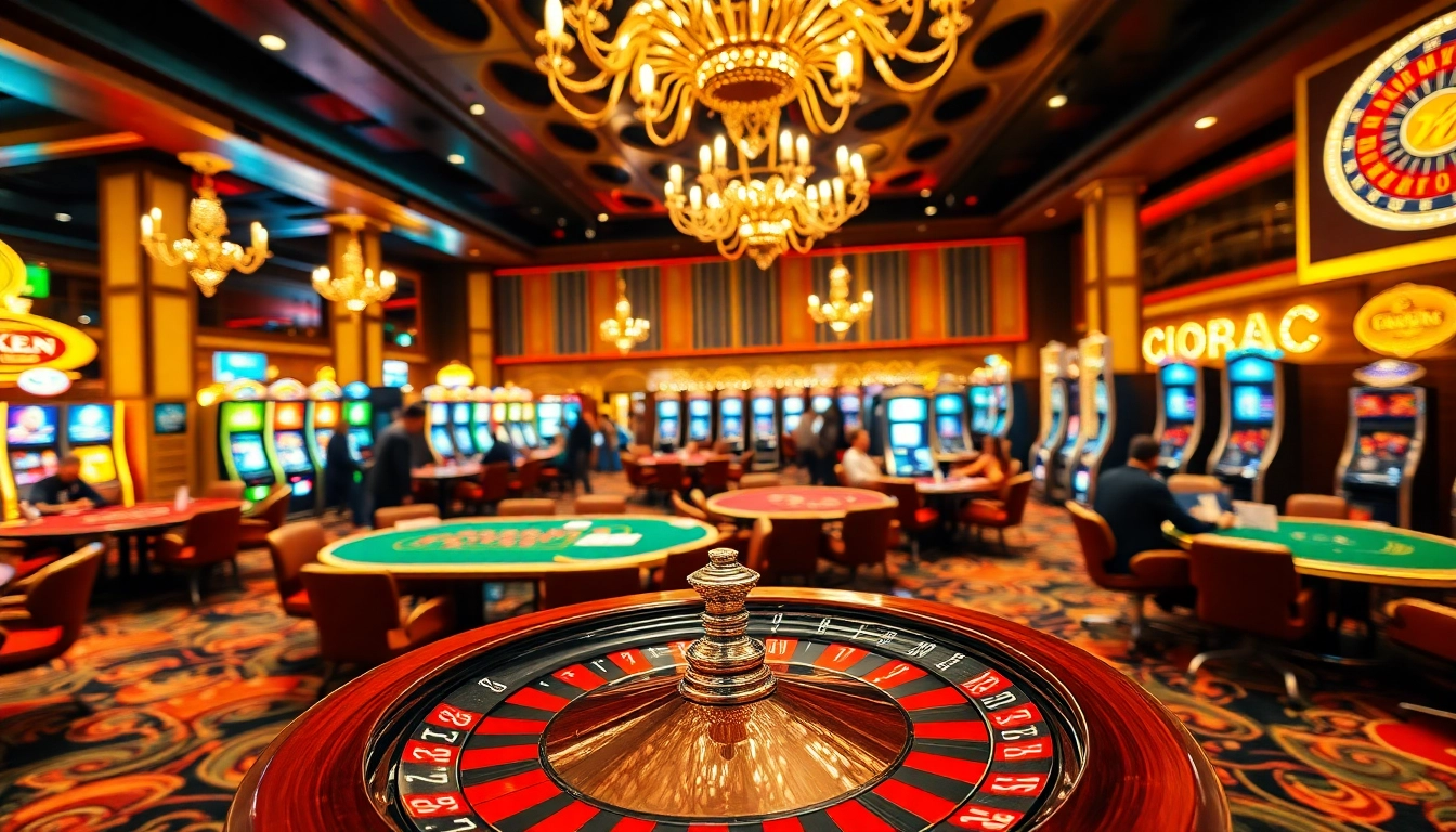 A thrilling scene of gamblers enjoying a roulette wheel and casino games at https://mk8th.net/, with a luxurious ambiance and vibrant colors.