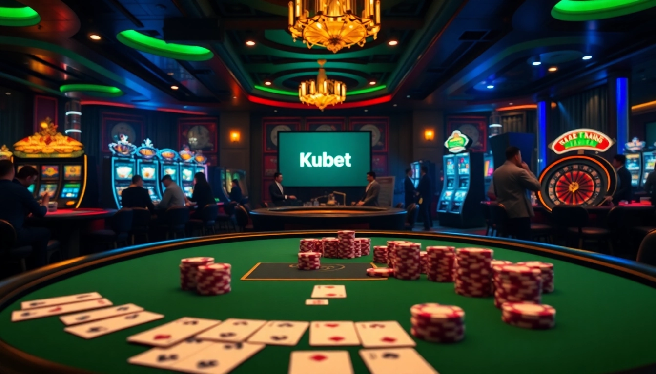 Players enjoying an exciting game at Kubet's luxurious casino table, showcasing high-stakes action.