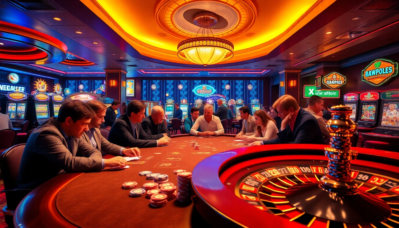 B52club players enjoying an exciting poker game at a luxury casino table with vibrant chips and a roulette wheel.