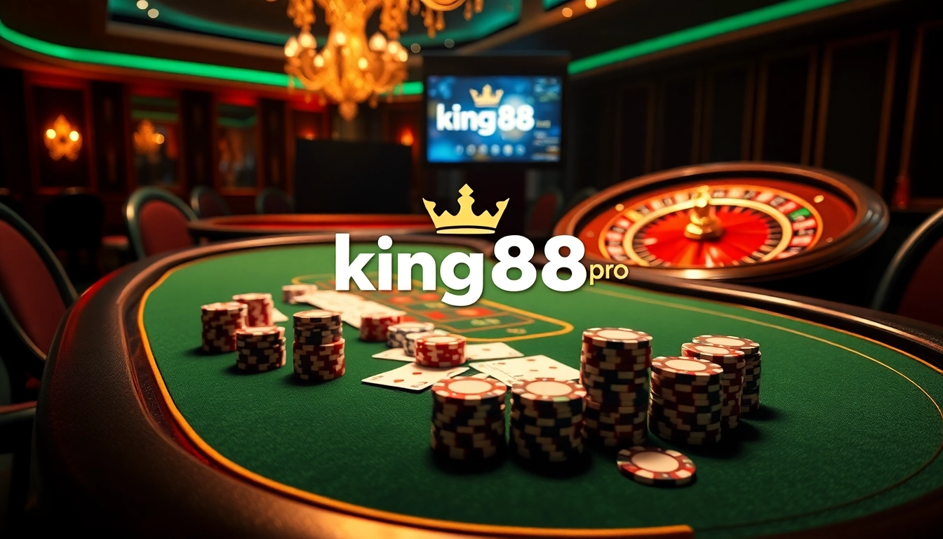 Experience the excitement of king88 pro in a luxurious casino setup with poker and roulette tables.
