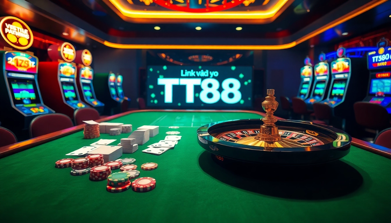 Experience the excitement of Link vào TT88 with vibrant gambling elements showcasing a luxurious casino atmosphere.