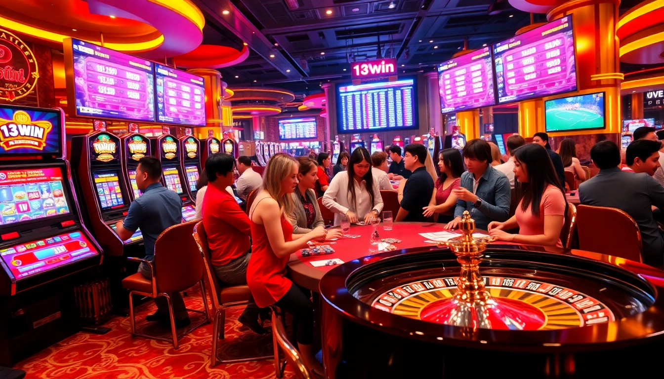 Gamblers enjoying a lively casino atmosphere as they play at 13win slot machines and poker tables.
