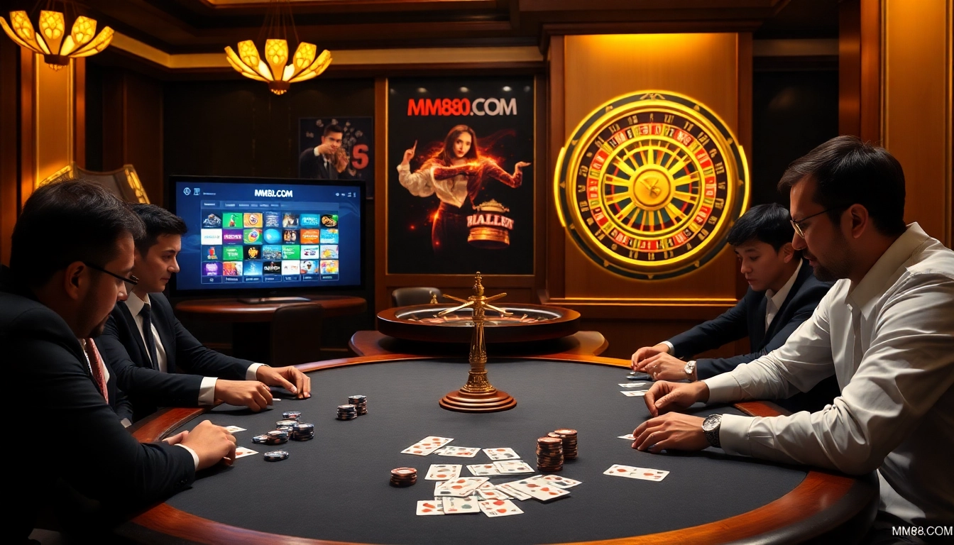MM88 table games featuring poker chips and a roulette wheel in a luxurious casino environment.