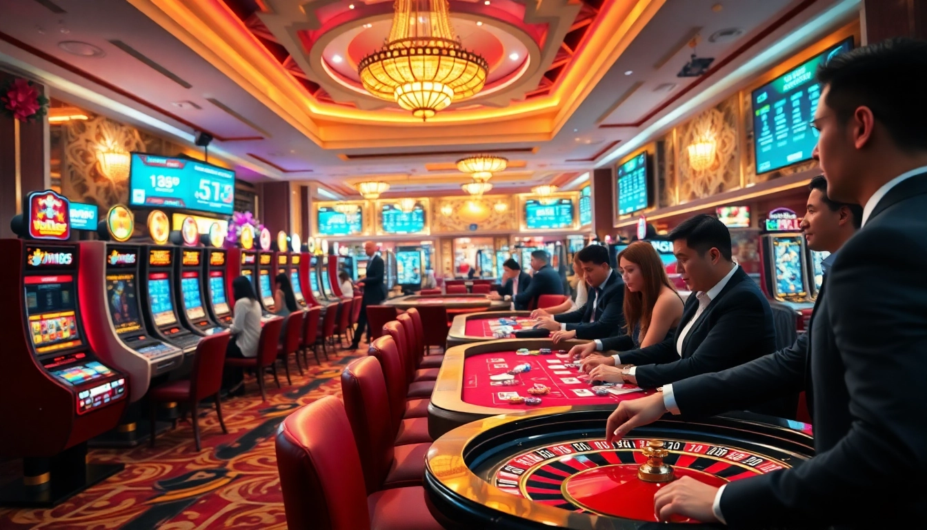 Exciting casino atmosphere at Jun88 with vibrant gaming tables and players engaging in action.