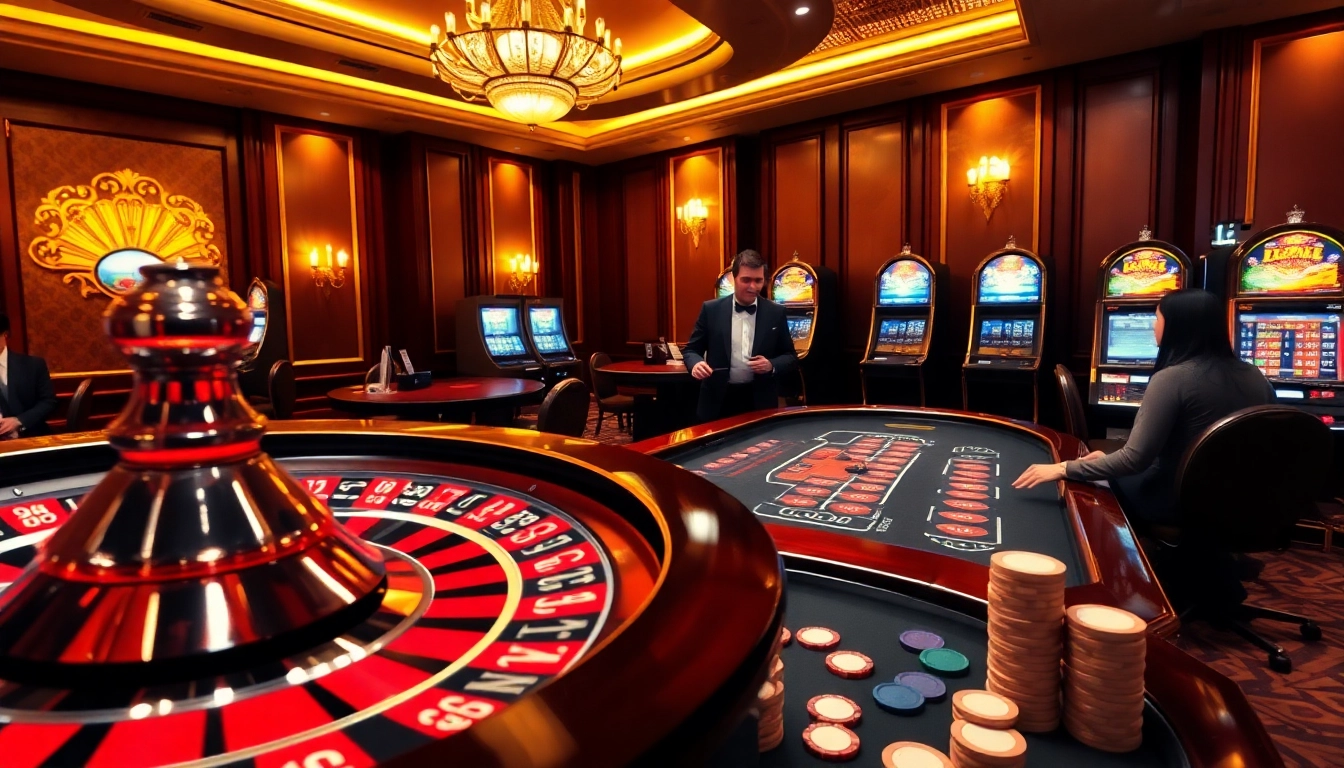 Players enjoying roulette and blackjack at a luxurious casino, representing https://go88vn.digital/ excitement.