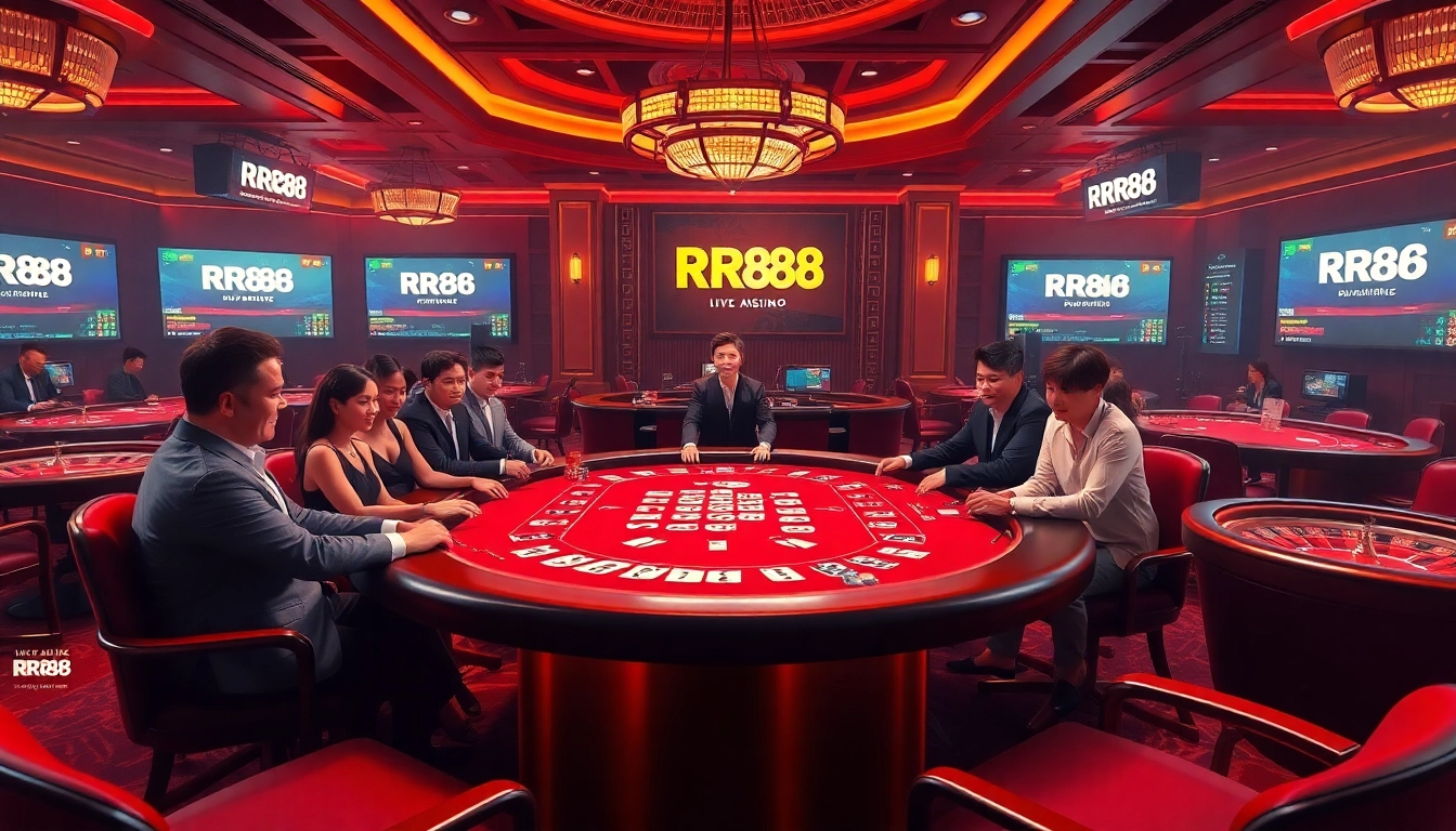 Gamblers engaging in a high-stakes RR88 poker game at a luxurious casino table.