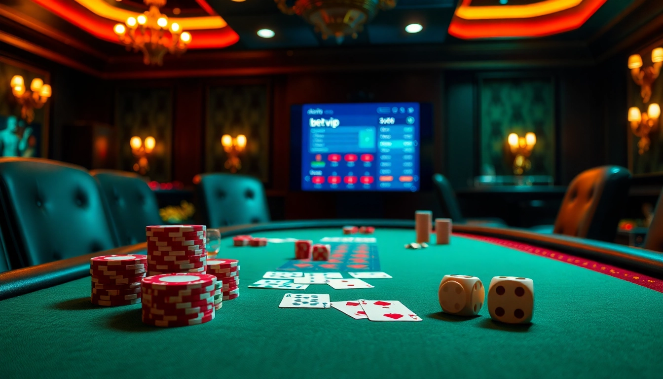 Trải nghiệm ứng dụng BetVIP đầy hấp dẫn tại bàn poker sang trọng được trang trí bằng các chip và lá bài.