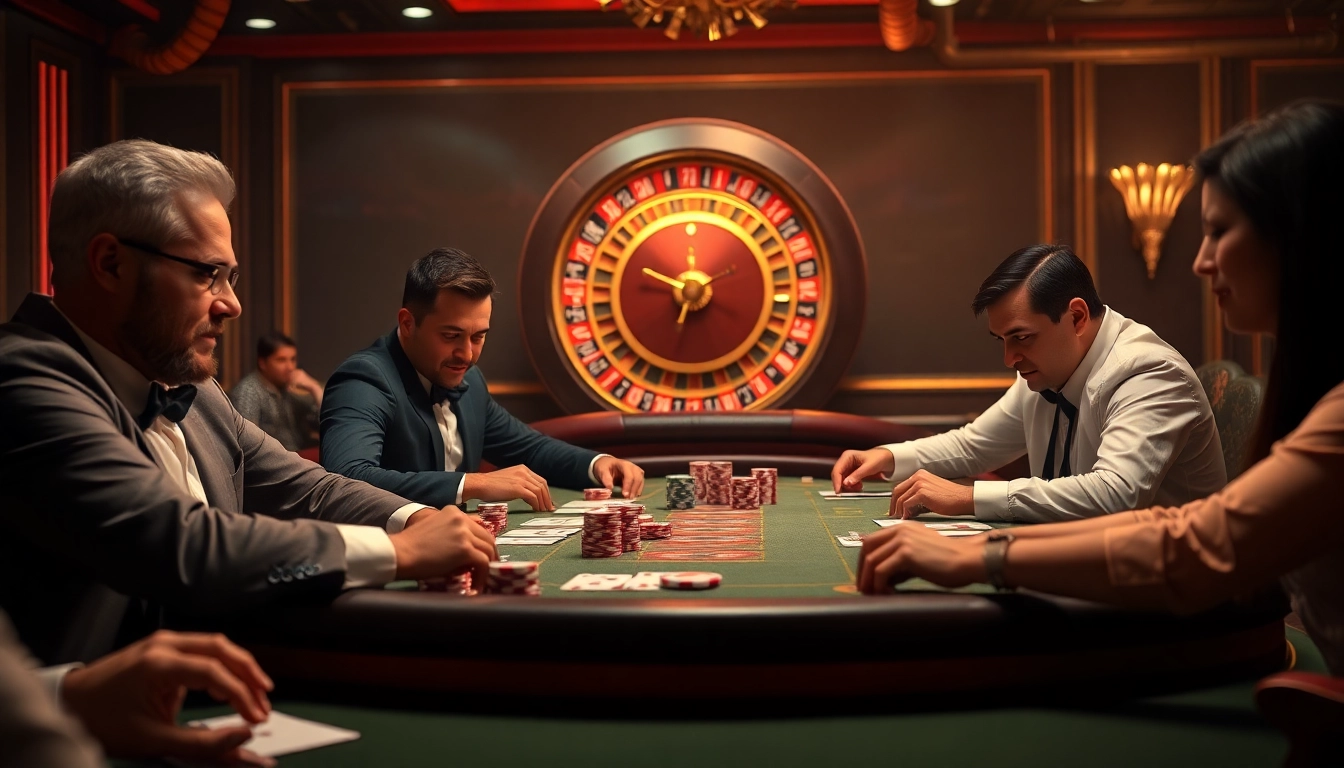 Players competing at a luxurious poker table in 6L777 CLUB, surrounded by vibrant chips.