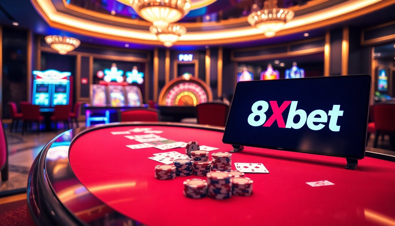 Experience high-stakes gambling with 8Xbet at a luxurious casino, complete with poker chips and roulette.