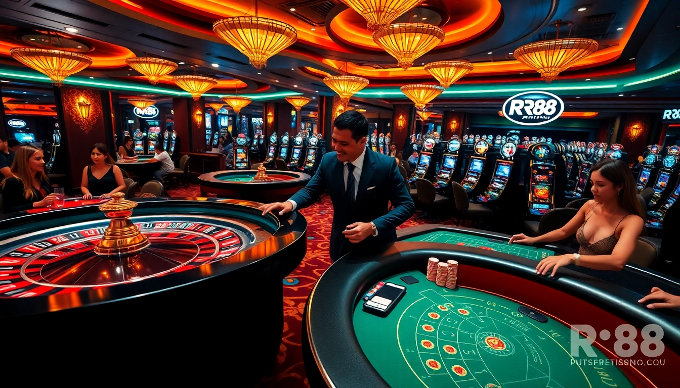 Experience the thrill of RR88 casino with vibrant gaming tables and slot machines.