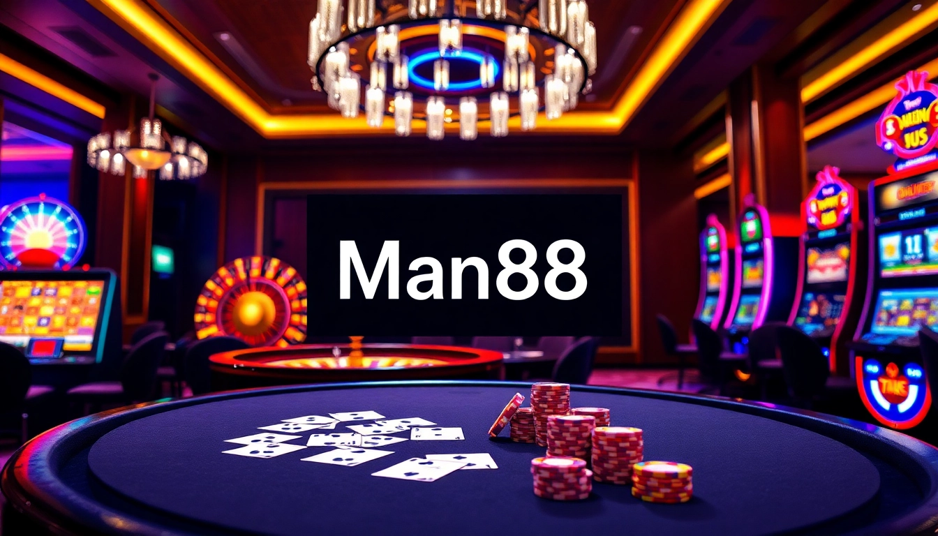 Engage with Man88's stunning casino experience featuring poker tables and slot machines.
