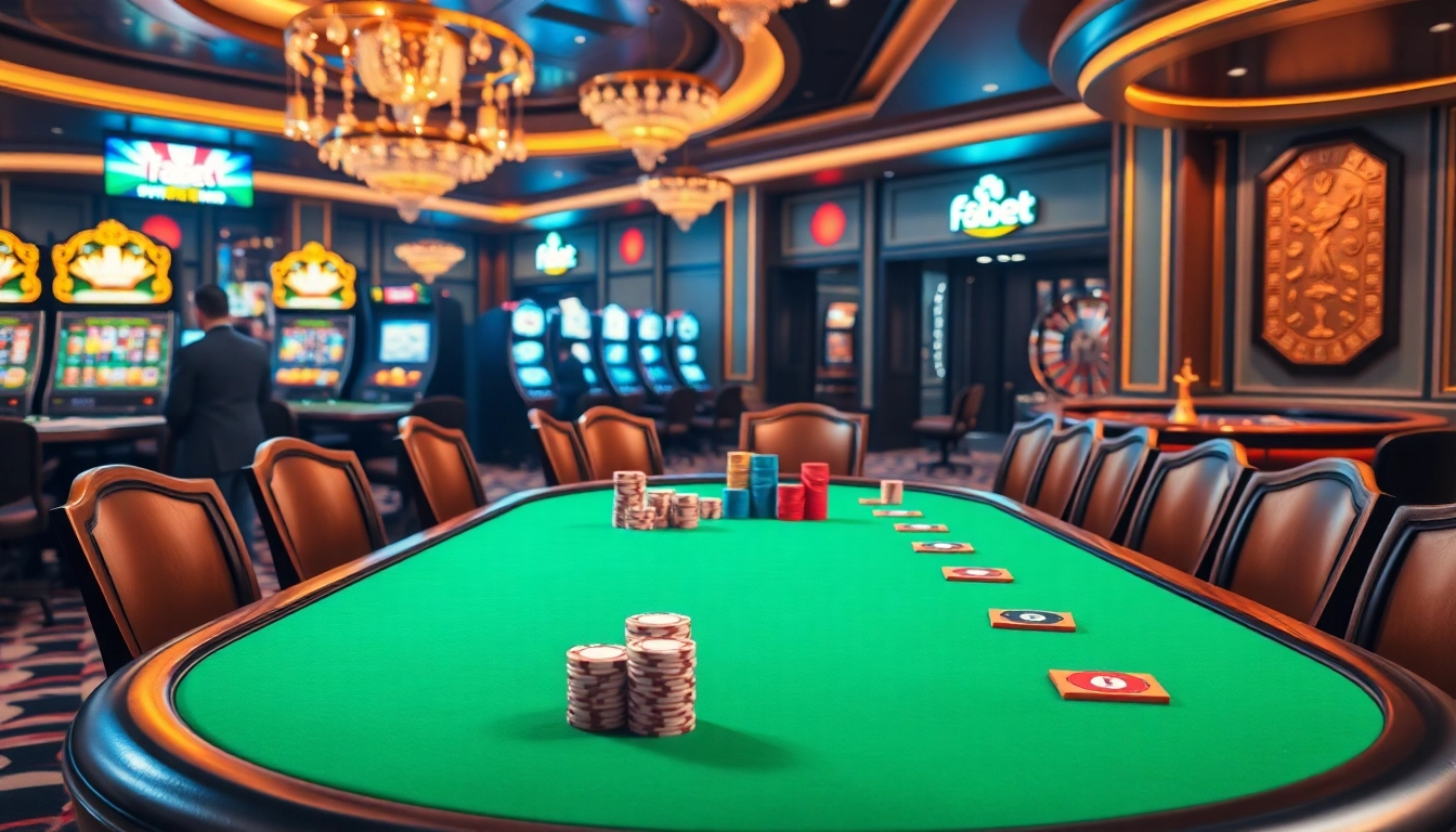 Exciting casino scene featuring F8bet branding, poker table, and slot machines.