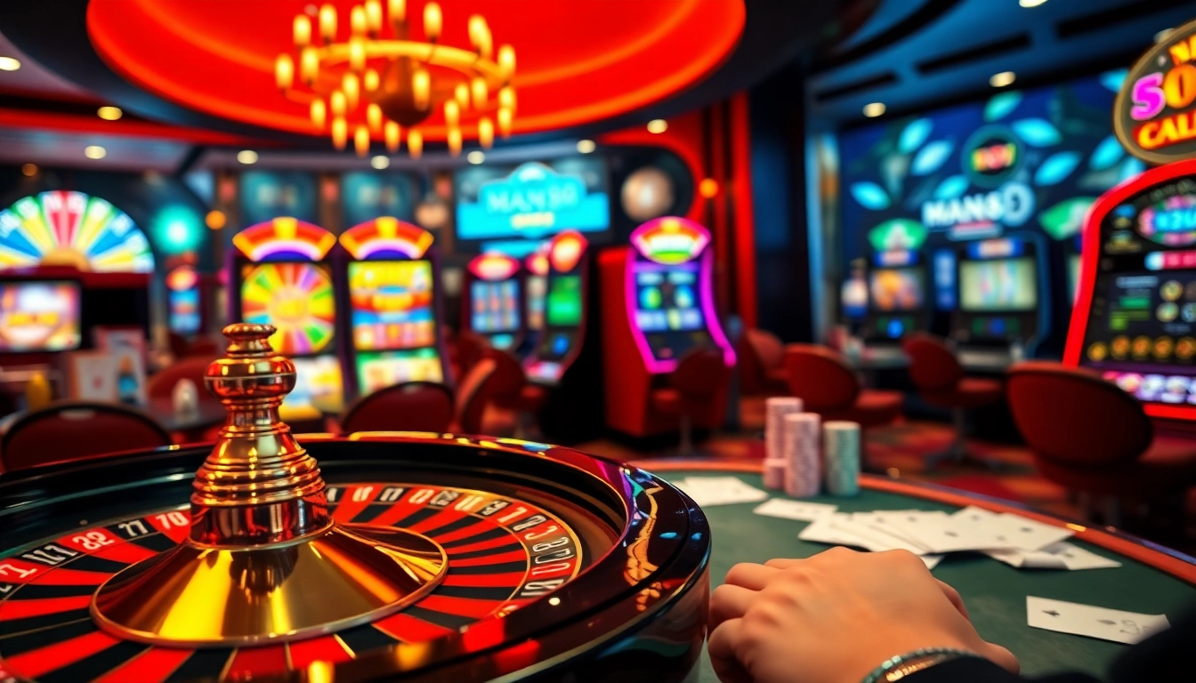Experience the excitement of betting at Man88 with vibrant gaming elements and sophisticated casino visuals.