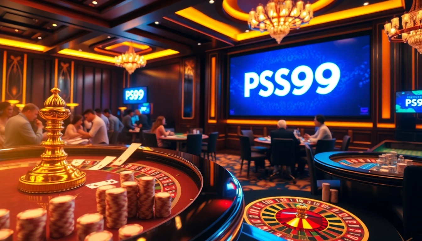 Players experiencing the excitement of gambling at PS99, showcasing poker chips and a roulette wheel.