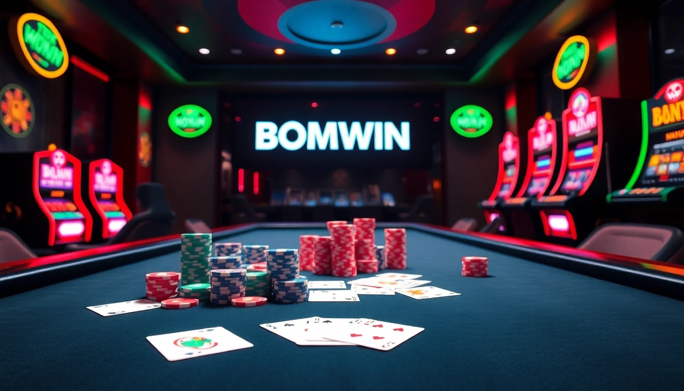Engaging BOMWIN casino experience with vibrant gaming tables and neon slot machines.