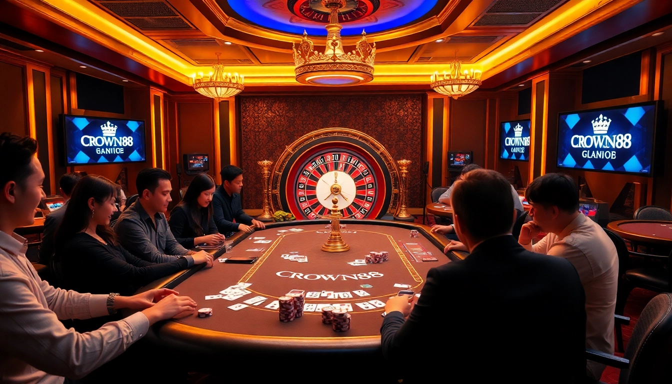 Crown88 players engaging at a vibrant casino table with cards and chips in action