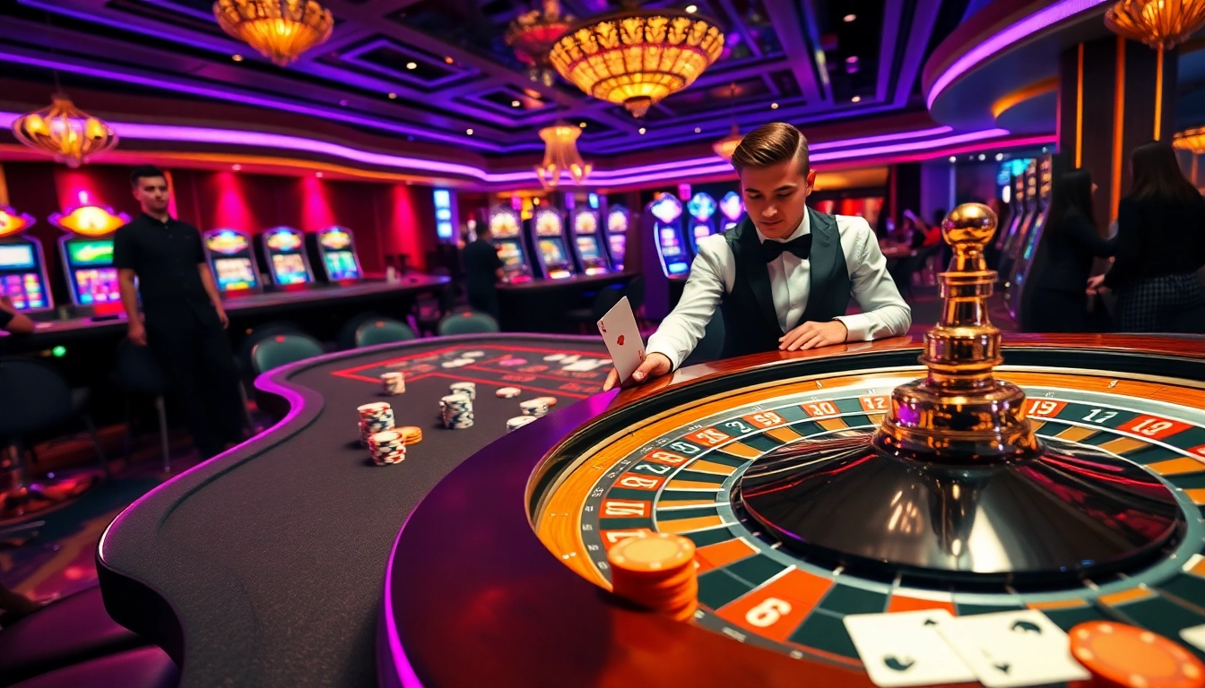 An engaging casino scene featuring 68 game bài with poker chips, cards, and a roulette wheel.