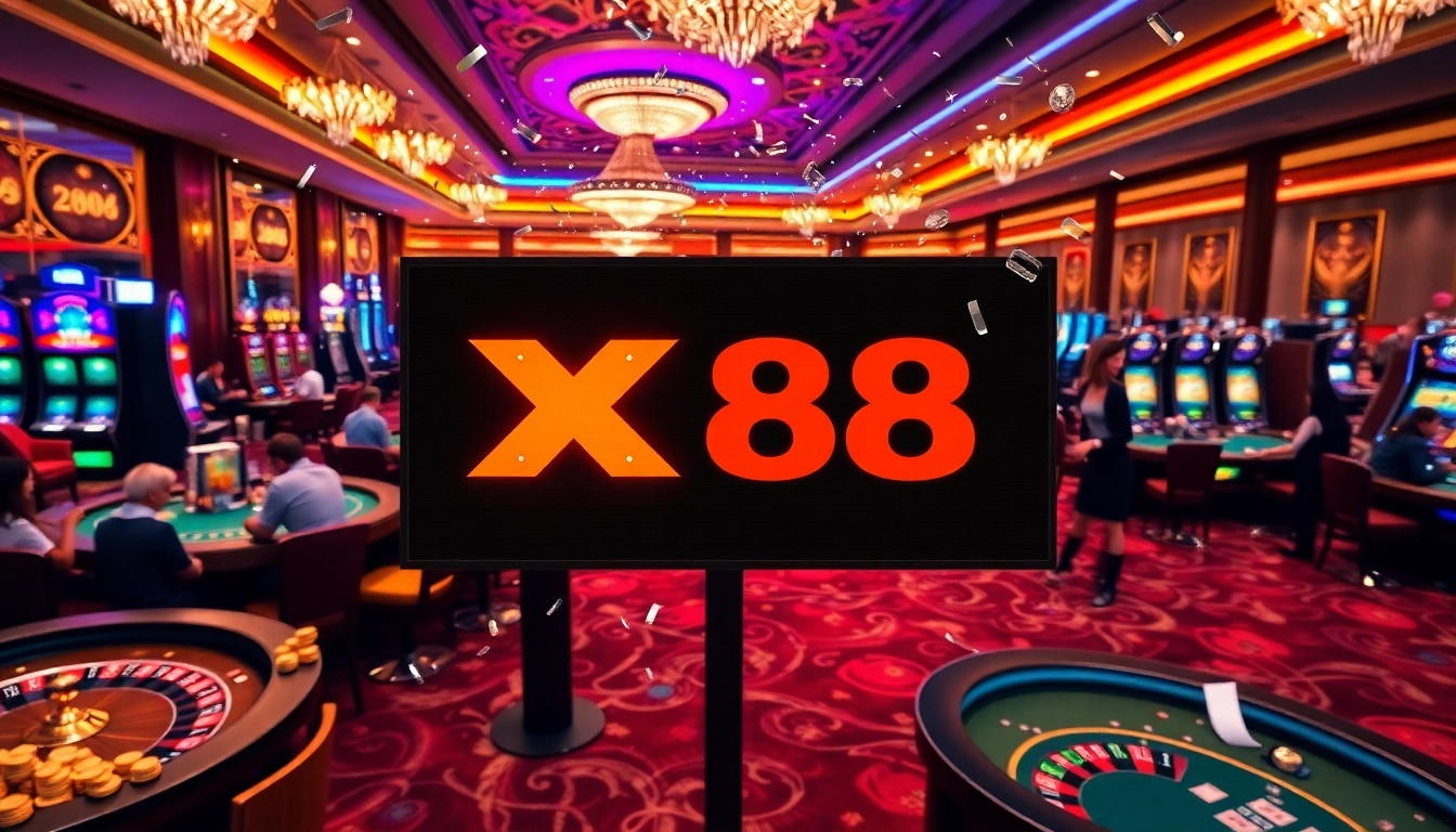 Players enjoying a vibrant casino experience at X88 with roulette tables and slot machines.