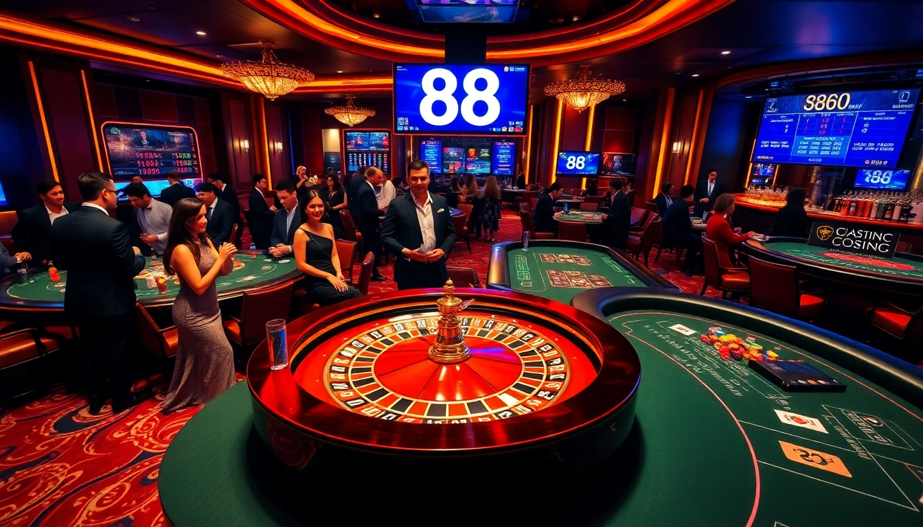 Players engaging at 88i casino tables with vibrant chips and cards.