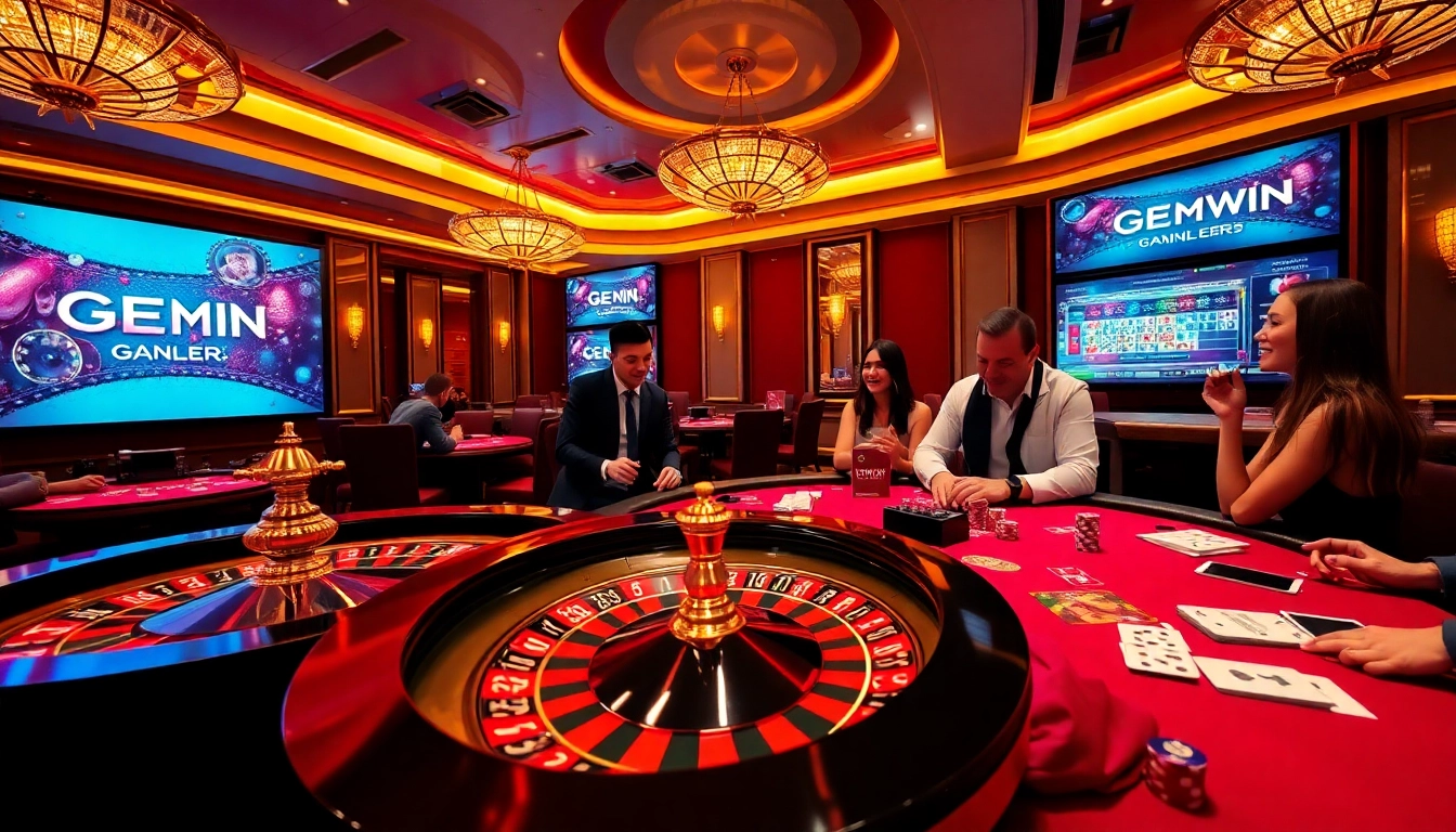 Players enjoy an exciting GEMWIN casino experience with vibrant poker games and roulette.