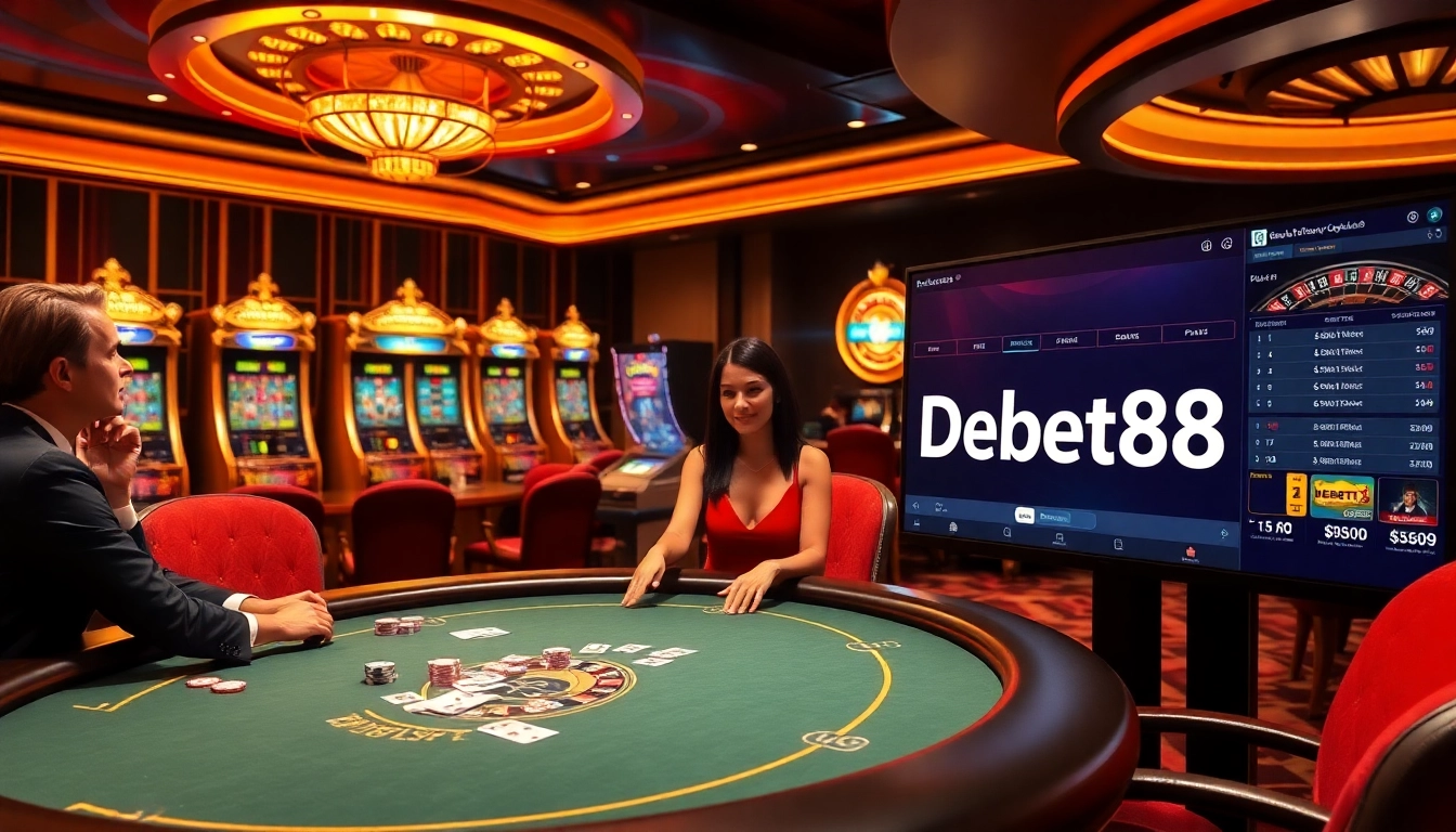 Players enjoying a high-stakes poker game at Debet88 casino, featuring vibrant chips and cards.