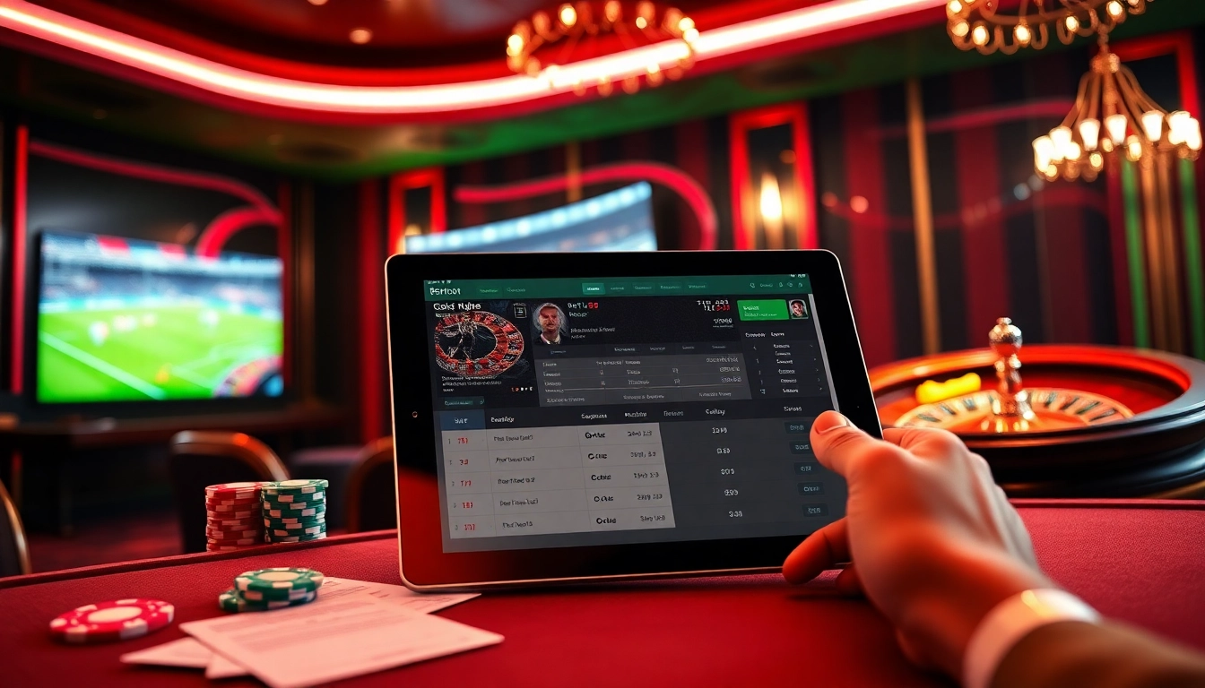 สมัครแทงบอล interface showing live betting on football matches alongside chips and slips.