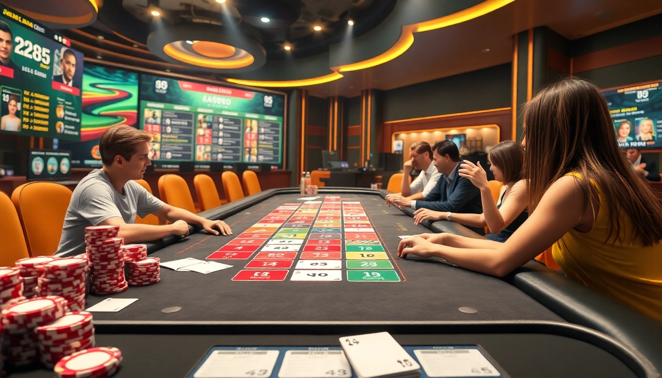 סצנה מרתקת של רמיקוב אונליין המדגישה אריחים צבעוניים ואלמנטים של הימורי קזינו.