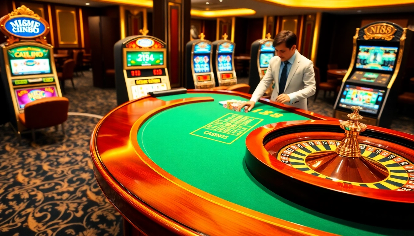 Experience the excitement of nk88 at a vibrant casino table with poker chips and roulette.