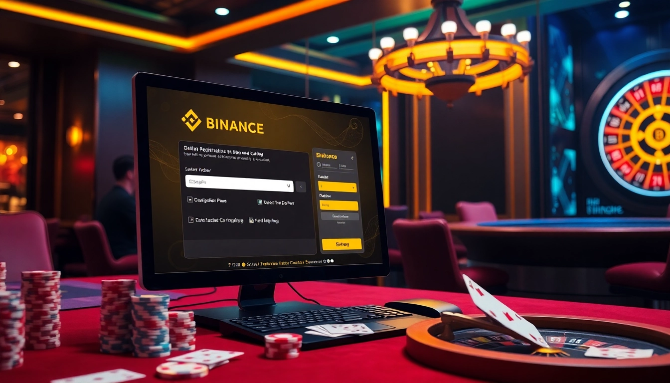 Engaging Binance registration (바이낸스 회원가입) scene with casino elements and players on devices.
