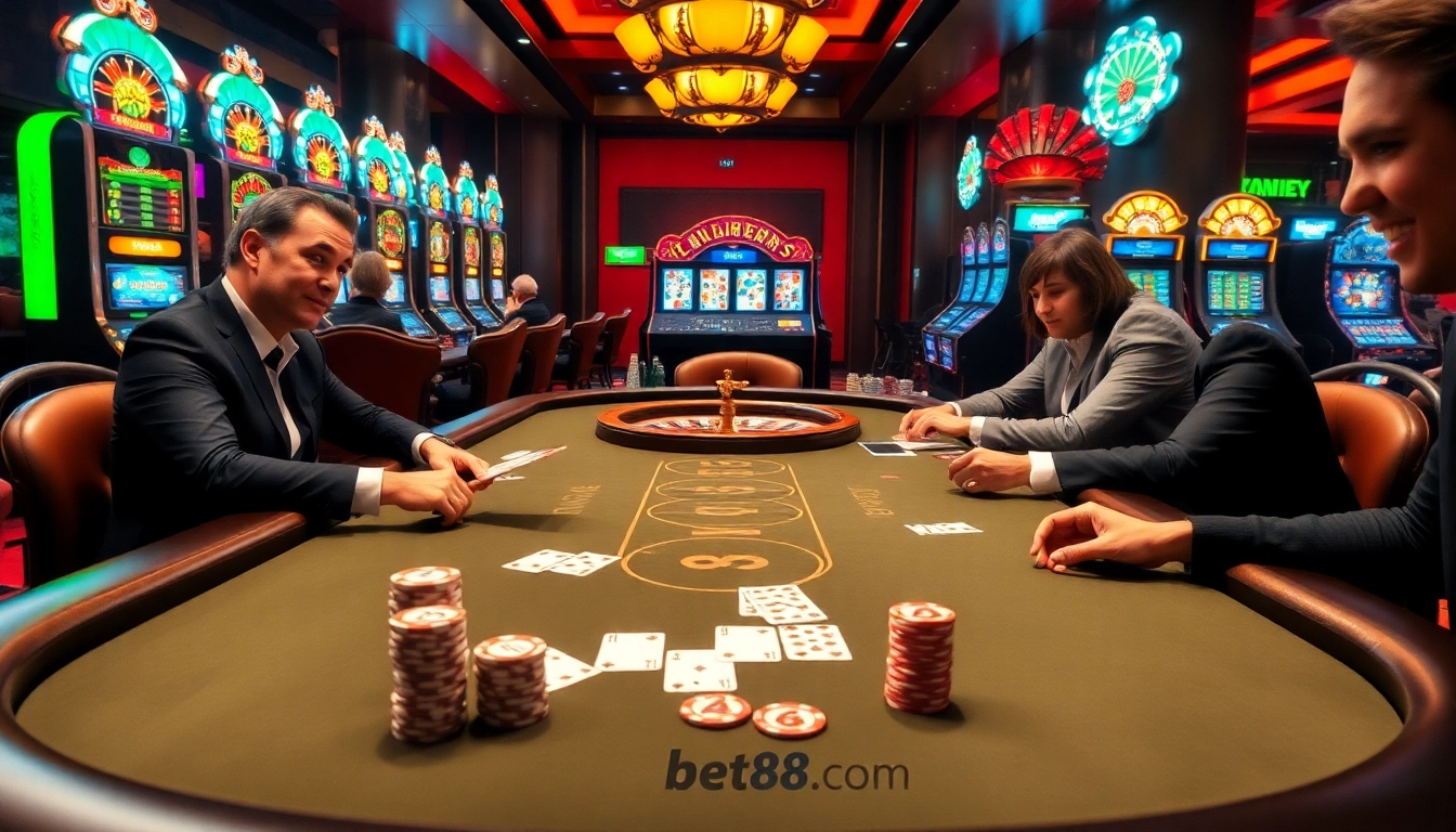 Experience the thrill of winning at bet88.com with energetic players at a luxurious poker table.