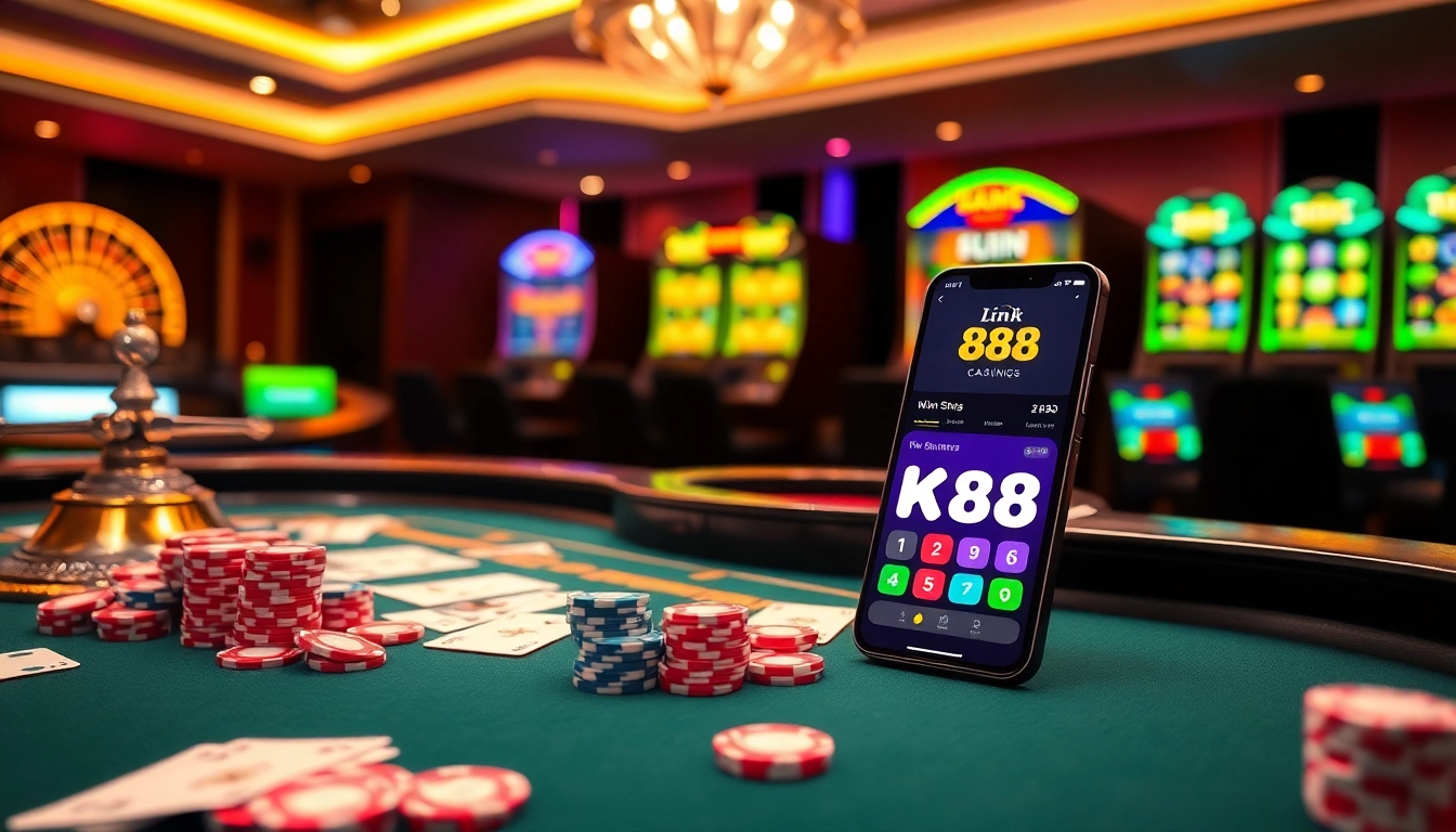 Experience online gaming excitement with the link K88 promoted on a vibrant casino table setup.