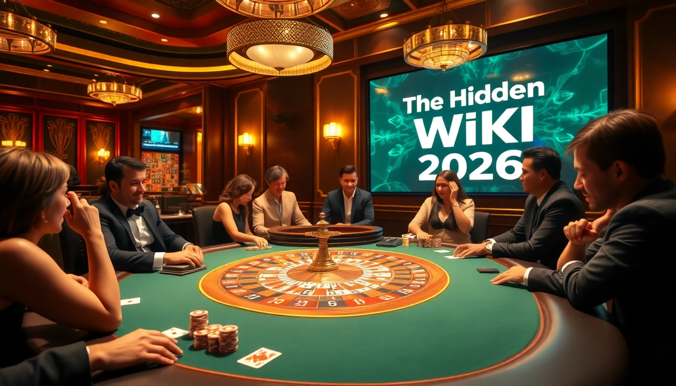 The hidden wiki 2026 highlighted in an engaging casino scene with poker players, vibrant chips, and roulette.