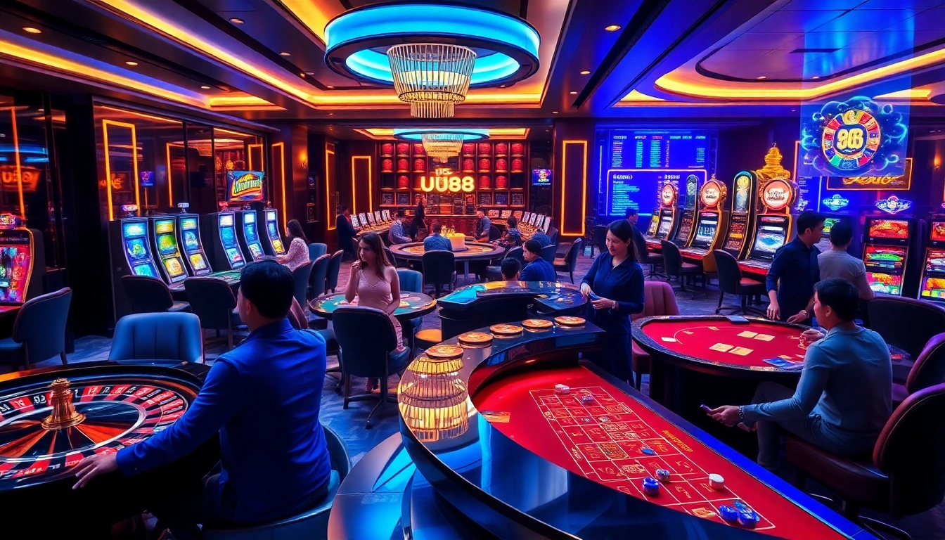 UU88 online gambling scene capturing the thrill of poker, roulette, and slots in a luxurious casino ambiance.