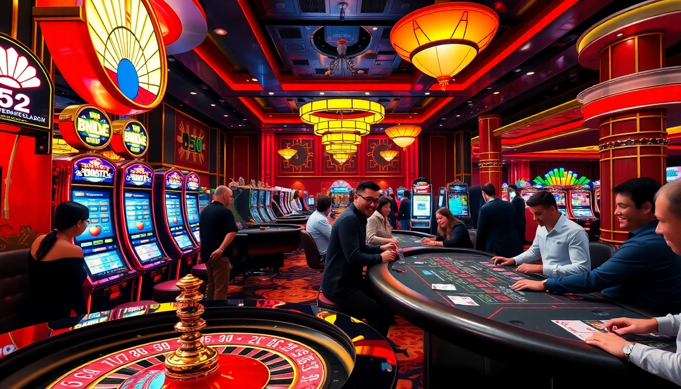 Players enjoying their time at b52club with vibrant slot machines and poker tables.