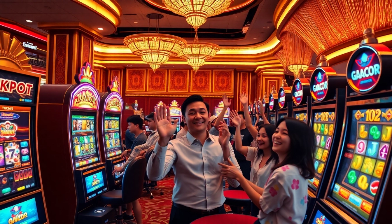 Players celebrate wins at slot gacor hari ini, showcasing excitement in a lively casino setting.