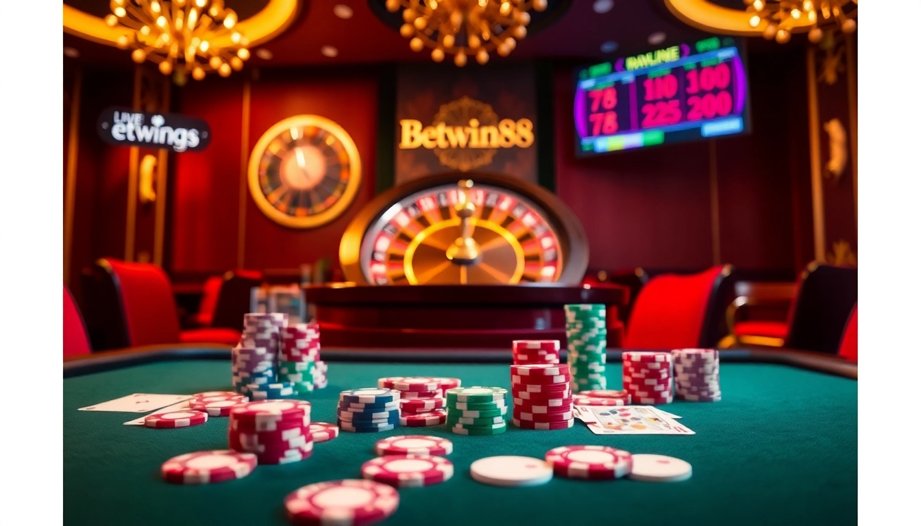 Exciting Betwin88 casino scene with poker chips and roulette wheel in vibrant colors.